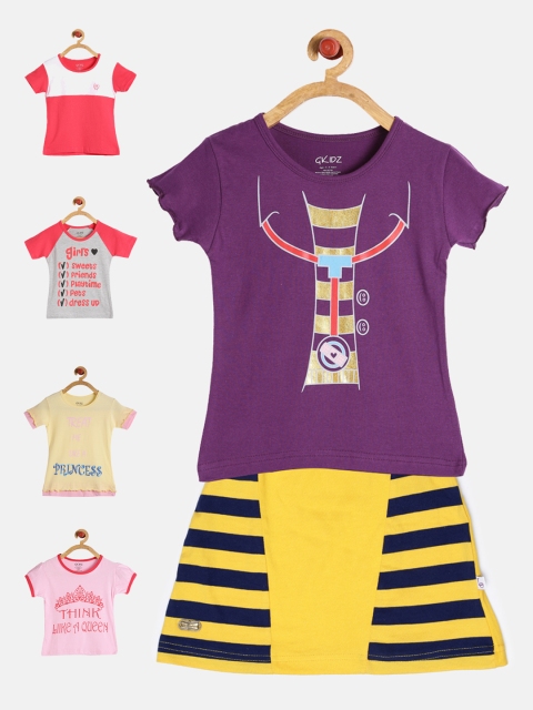 

GKIDZ Girls Pack of 5 Printed T-Shirts & Skirt, Pink