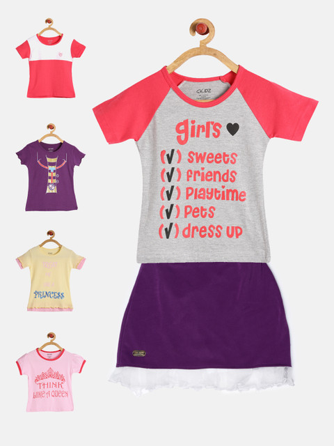 

GKIDZ Girls Pack of 5 Printed T-shirts with Skirt, Pink