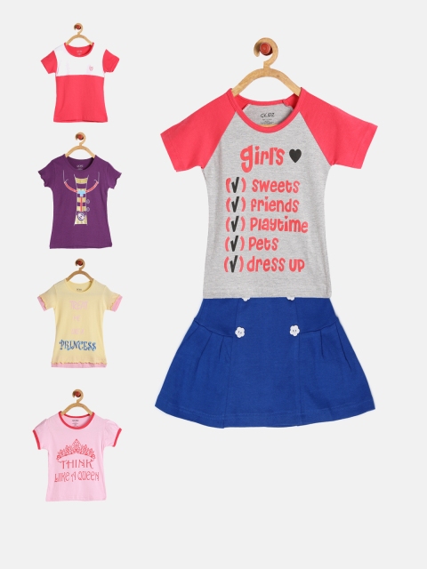 

GKIDZ Girls Pack of 5 Printed T-Shirts & Skirt, Pink