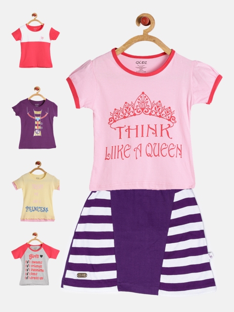 

GKIDZ Girls Pack of 5 Printed T-Shirts & Skirt, Pink