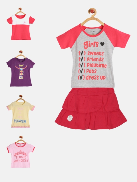 

GKIDZ Girls Pack of 5 Printed T-Shirts & Skirt, Pink