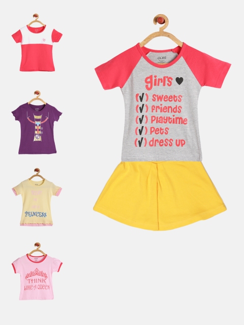 

GKIDZ Girls Pack of 5 Printed T-Shirts & Skirt, Pink