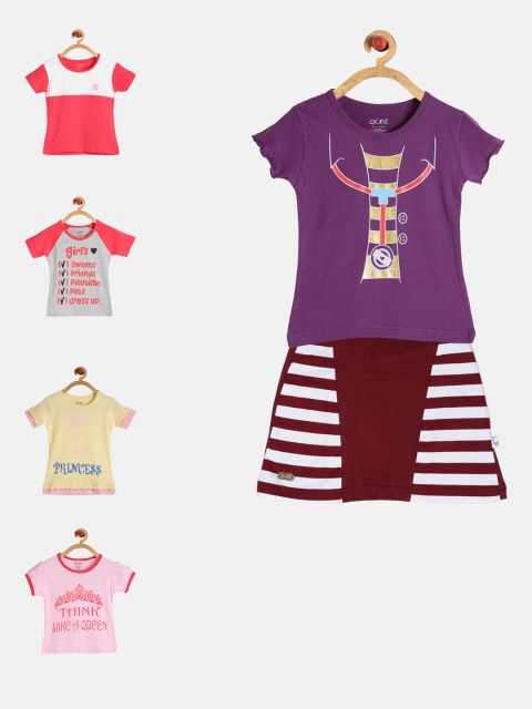 

GKIDZ Girls Pack of 5 Printed T-Shirts & Skirt, Pink