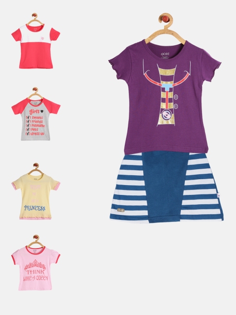 

GKIDZ Girls Pack of 5 Printed T-Shirts & Skirt, Pink