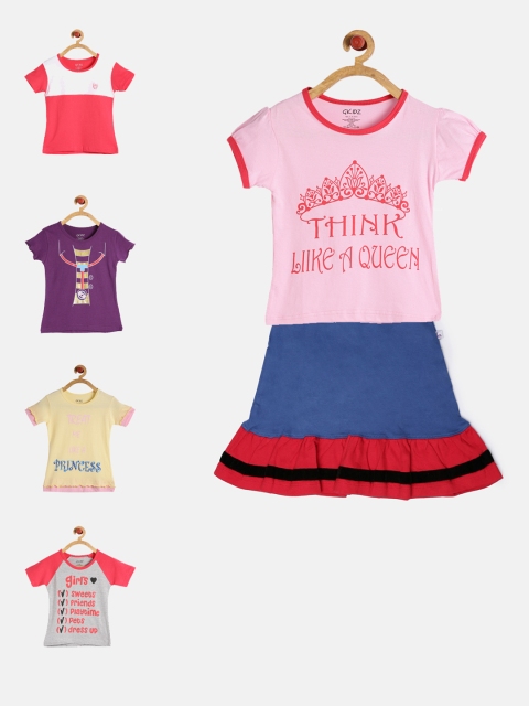 

GKIDZ Girls Pack of 5 Printed T-shirts with Skirt, Pink