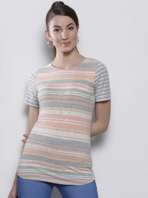 

DOROTHY PERKINS Women Grey Melange & Peach-Coloured Striped Round Neck T-shirt