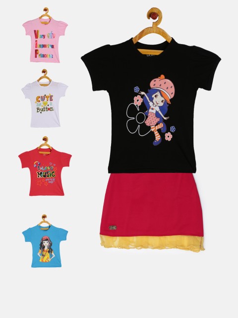 

GKIDZ Girls Pack of 5 Printed T-Shirts & Skirt, Pink
