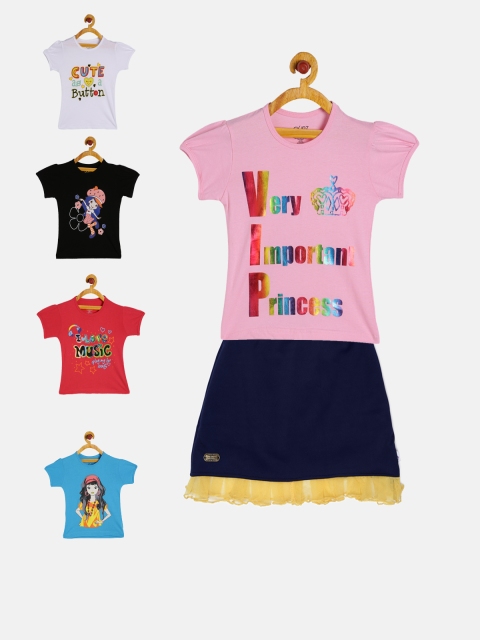 

GKIDZ Girls Pack of 5 Printed T-Shirts & Skirt, Pink
