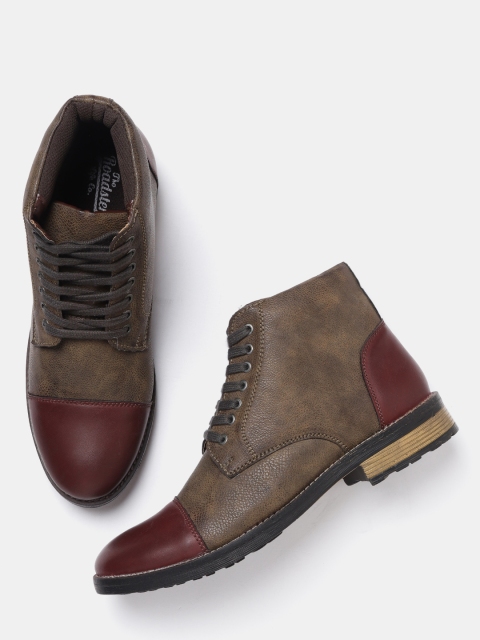 

Roadster Men Olive Brown & Maroon Colourblocked Mid-Top Flat Boots
