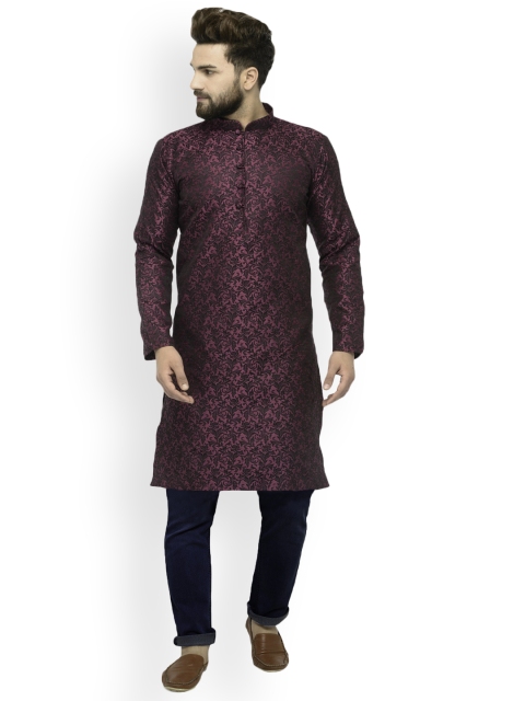 

Jompers Men Purple & Black Woven Design Straight Kurta
