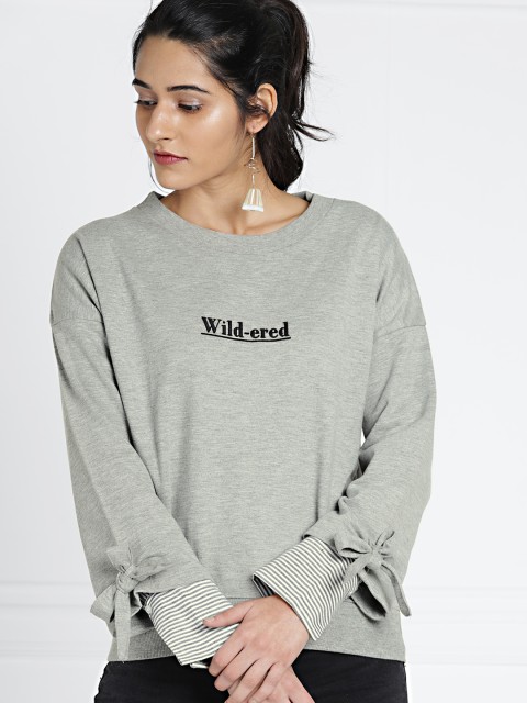 

all about you Grey Typography Sweatshirt with Tie-Up Sleeves