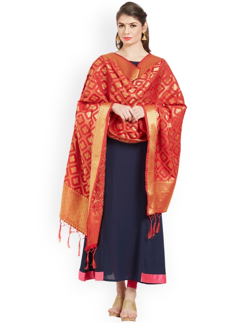 

Kvsfab Red Zari Woven Chanderi Dupatta