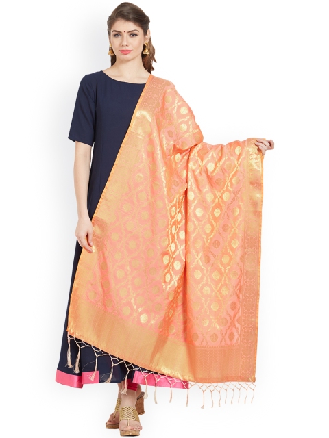 

Kvsfab Peach Zari Woven Chanderi Dupatta