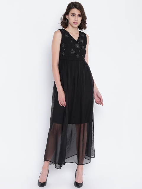 

Madame Women Black Solid Semi-Sheer Fit and Flare Dress