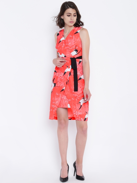 

Madame Women Coral Red Printed Wrap Dress