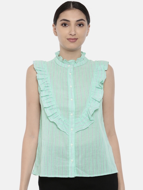 

Madame Women Sea Green Striped Shirt Style Top