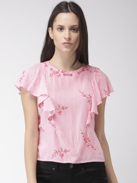 

Madame Women Pink & White Striped Ruffled Top
