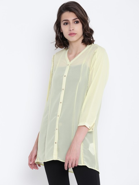 

Madame Women Yellow Solid Sheer Longline Top