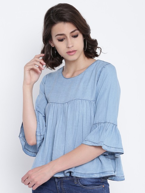 

Madame Women Blue Solid Chambray A-Line Top