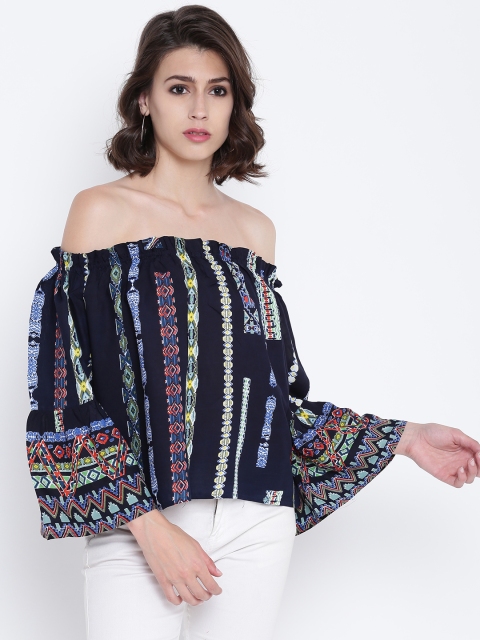 

Madame Women Navy Blue Printed Bardot Top
