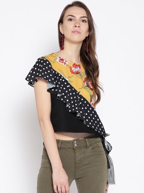 

Madame Women Yellow & Black Printed Crop Top