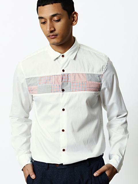

Mr Bowerbird Men White Tailored Fit Self-Striped Patch Work Panel Casual Shirt