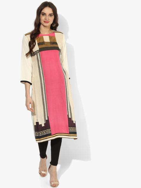 

Sangria Women Cream-Coloured & Pink Printed Straight Kurta