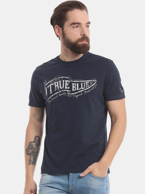 

True Blue Men Navy Blue & White Printed Round Neck T-shirt