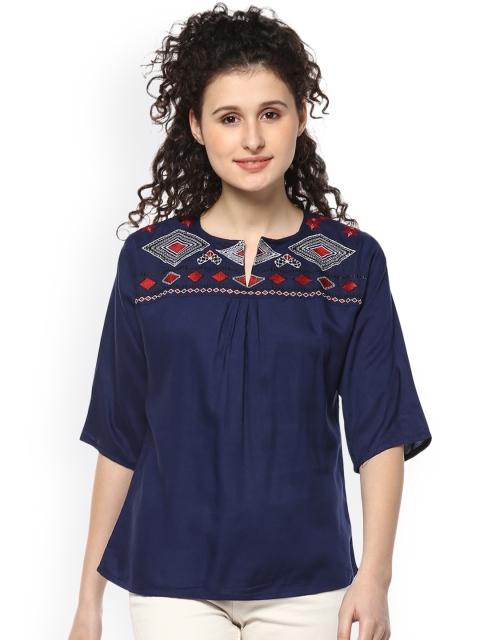 

Mayra Women Blue Embroidered Top