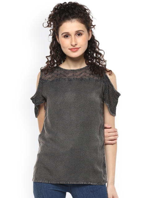 

Mayra Women Grey Solid Cold-Shoulder Top