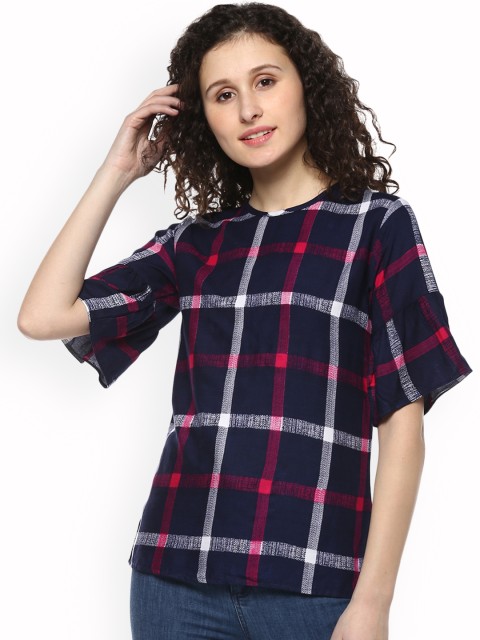

Mayra Women Blue Checked Shirt Style Top