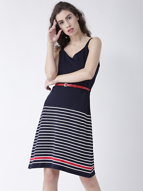 

109F Women Navy Blue Semi-Fit Striped Fit and Flare Dress