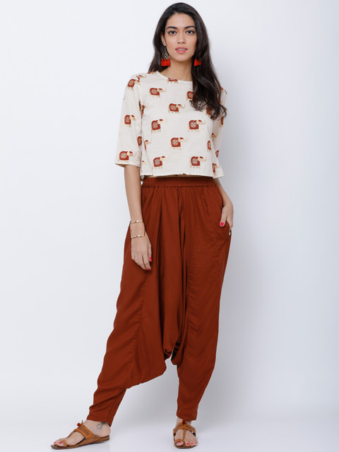 

Vishudh Women Beige & Rust Printed Top with Trousers