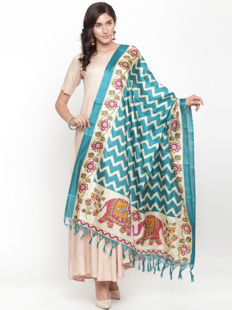

Varanga Turquoise Blue Printed Bhagalpuri Dupatta
