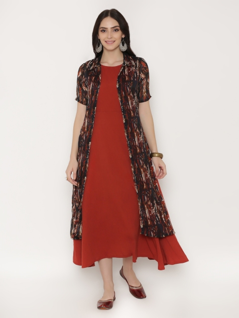 

Alom Women Rust Printed Fit and Flare Dress