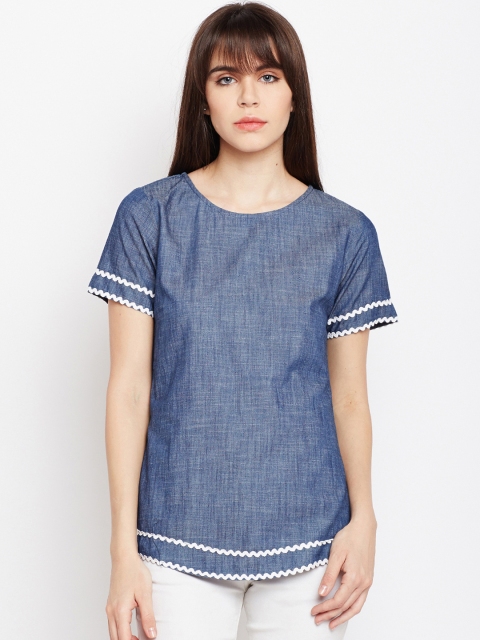 

Ruhaans Women Blue Self Design Pure Cotton Top