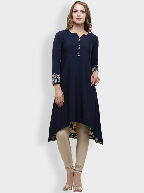 

Cottinfab Women Navy Blue Printed A-Line Kurta