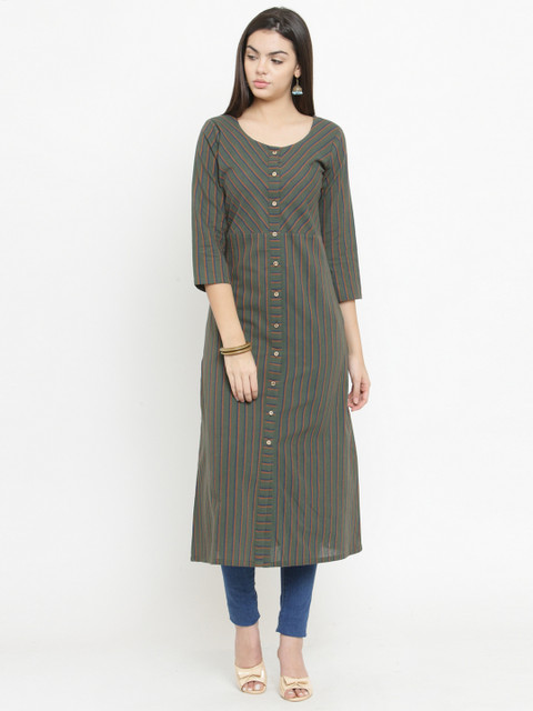 

Jompers Women Olive Green Striped A-Line Kurta