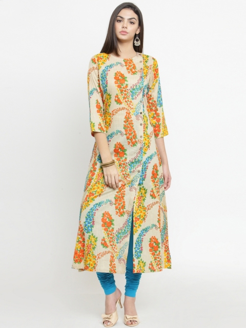 

Jompers Women Beige & Orange Floral Printed A-Line Kurta