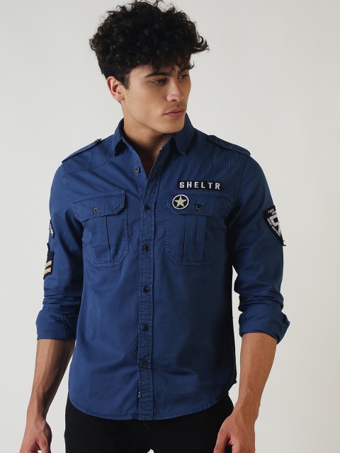 

SHELTR Men Navy Blue Slim Fit Solid Casual Shirt