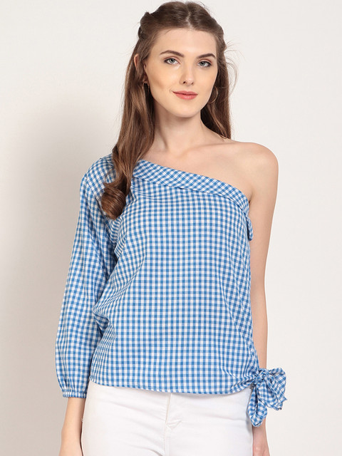 

Marie Claire Women Blue Checked One-Shoulder Top