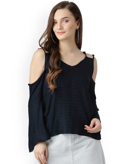 

Marie Claire Women Navy Blue Checked Cold Shoulder Top
