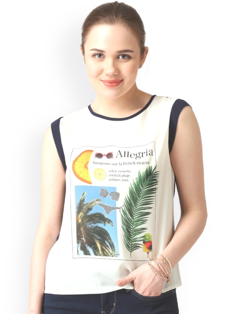 

Marie Claire Women White Printed Round Neck T-shirt