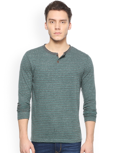 

People Men Green Striped Henley Neck T-shirt