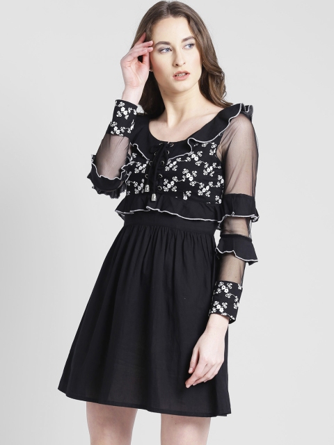 

Texco Women Black Self Design Embroidered Fit and Flare Dress