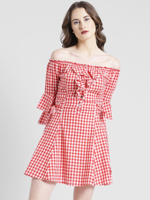 

Texco Women Red Gingham Off-Shoulder Ruffle Dress