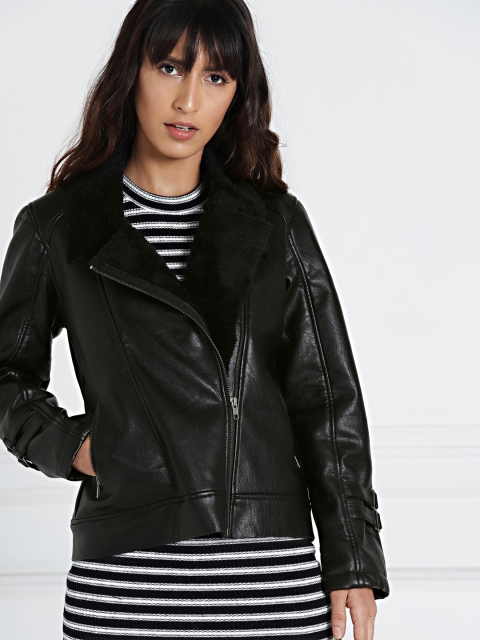 

all about you Black Solid PU Biker Jacket
