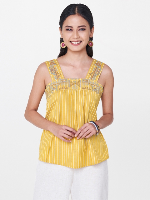 

Global Desi Women Mustard Striped Pure Cotton Top