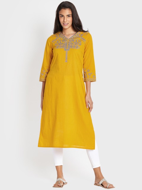 

Global Desi Women Mustard Yellow Yoke Design Straight Kurta