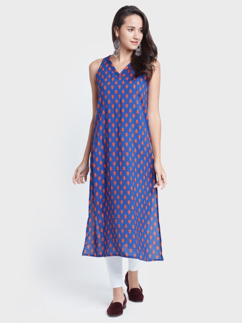 

Global Desi Women Blue Printed A-Line Kurta